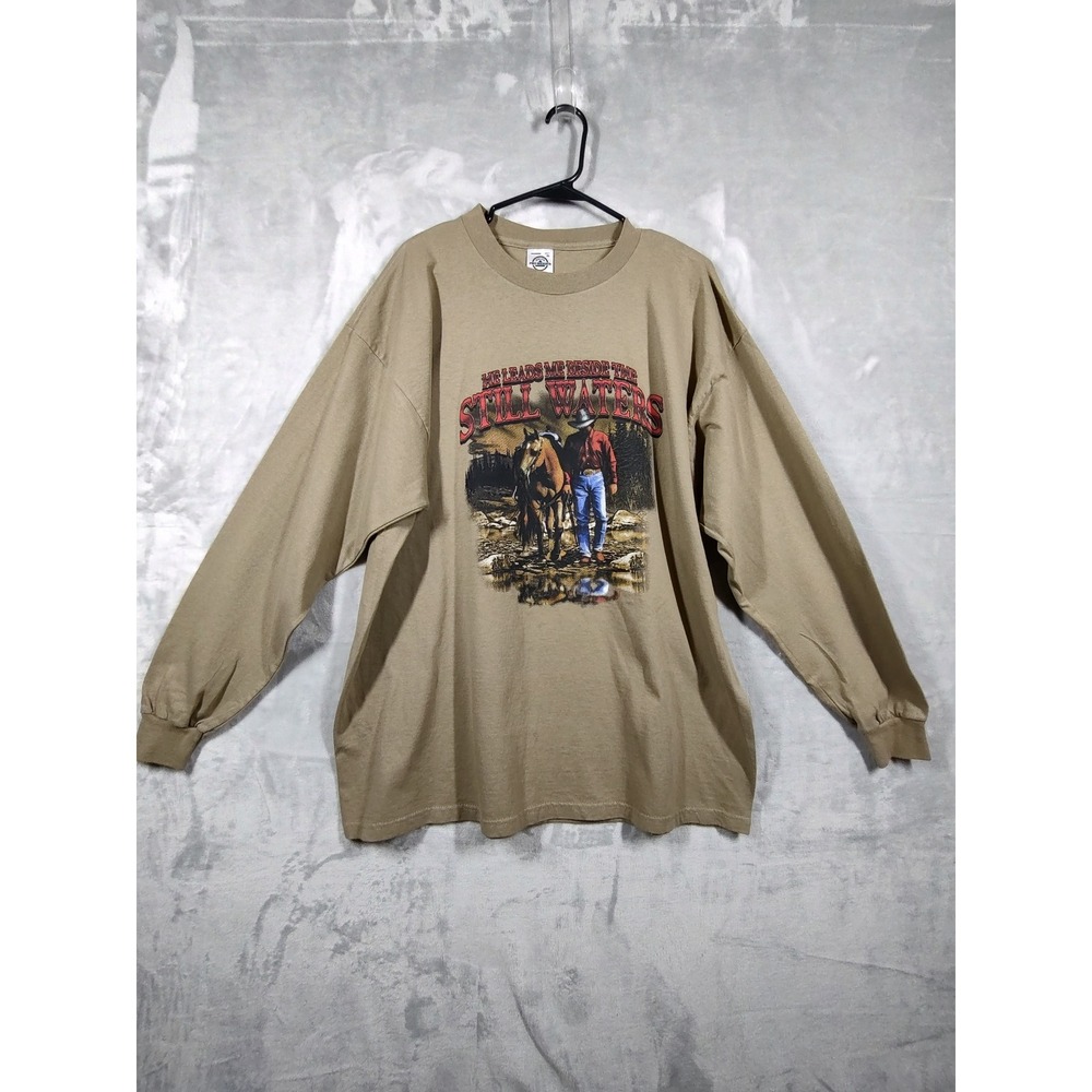 Delta Pro Weight Mens XL Tan‎ Still Waters Cowboy Graphic Long Sleeve T-Shirt